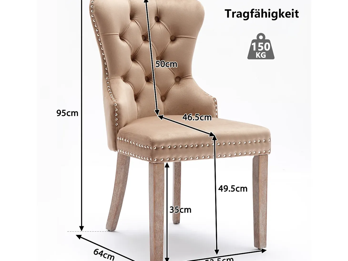 Juego de 4 sillas de comedor, diseño único con aro dorado, patas de madera maciza, tapizado de terciopelo, color marrón (53x46,5x95 cm)