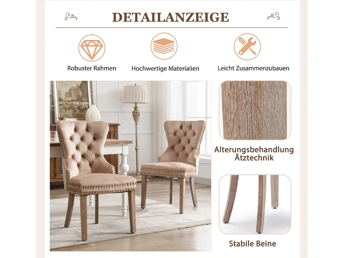 Juego de 4 sillas de comedor, diseño único con aro dorado, patas de madera maciza, tapizado de terciopelo, color marrón (53x46,5x95 cm)