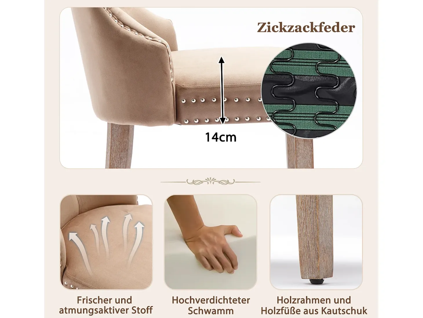 Juego de 4 sillas de comedor, diseño único con aro dorado, patas de madera maciza, tapizado de terciopelo, color marrón (53x46,5x95 cm)