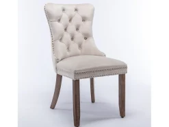 Juego de 2 sillas de comedor - Sillas con respaldo acolchado, patas de madera y ribete de tachuelas - terciopelo beige