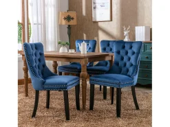 Juego de 2 sillas de comedor - Sillas con respaldo acolchado, patas de madera y ribete de tachuelas - terciopelo azul