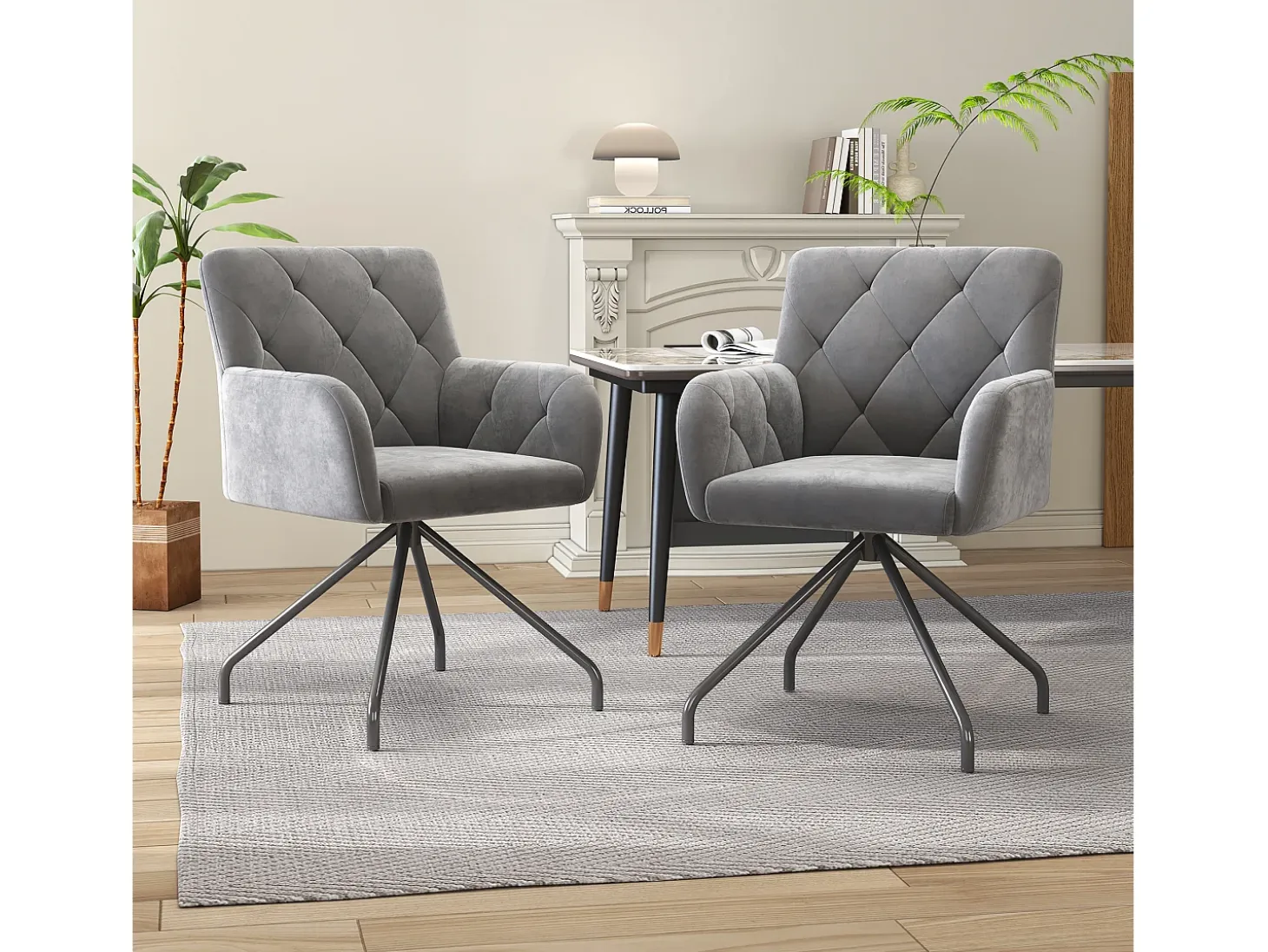Juego de 2 sillas de comedor de terciopelo - 85 x 49 x 49 cm - sillón tapizado con 4 patas de metal - con soporte lumbar - gris