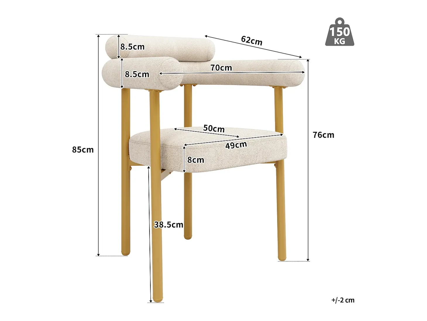 Juego de 2 sillas de comedor beige - Silla de comedor con respaldo y reposabrazos - ante - patas de metal dorado