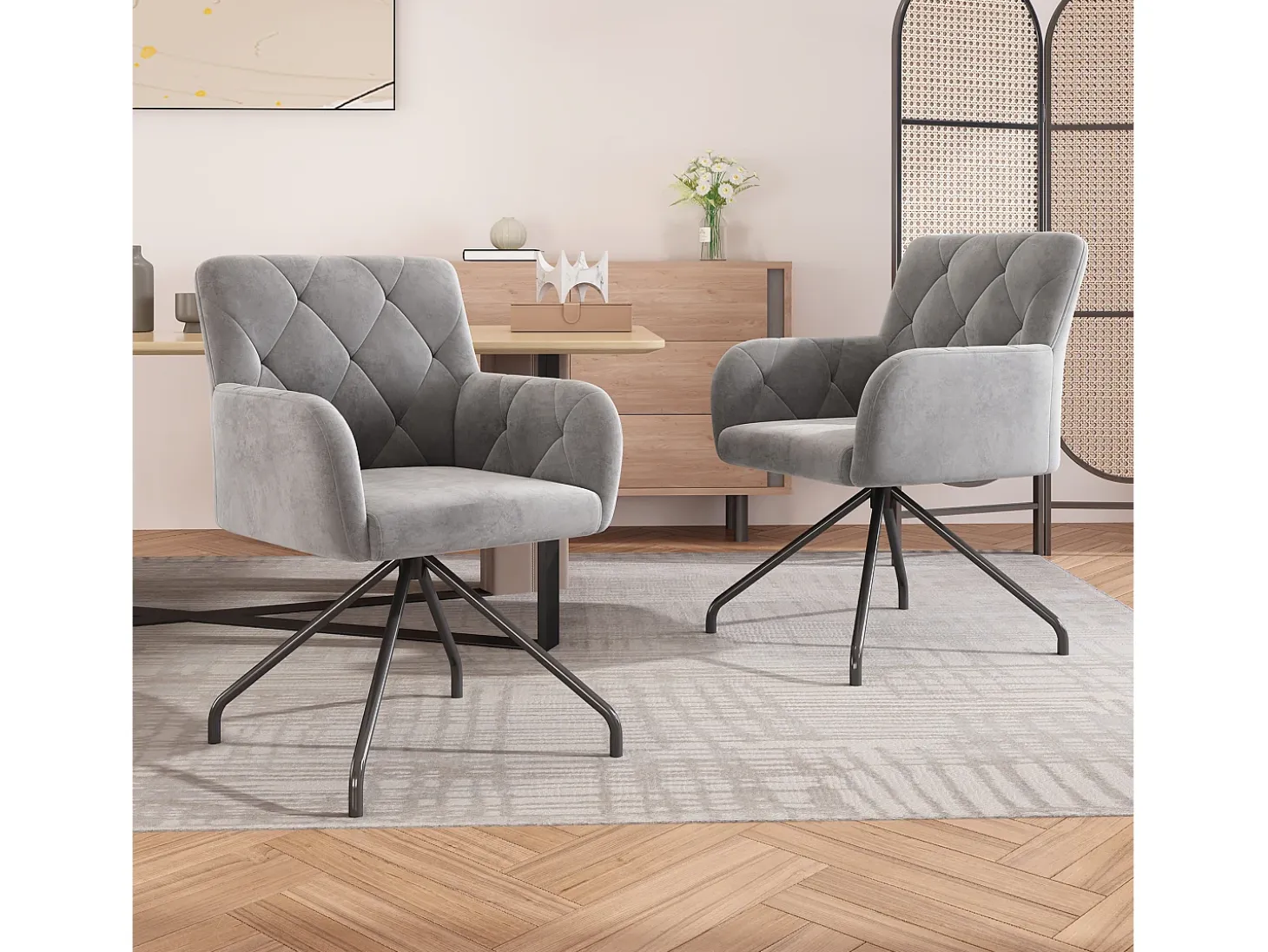 Juego de 6 sillas de comedor de terciopelo - 85 x 49 x 49 cm - Sillón tapizado con 4 patas de metal - con soporte lumbar - Gris