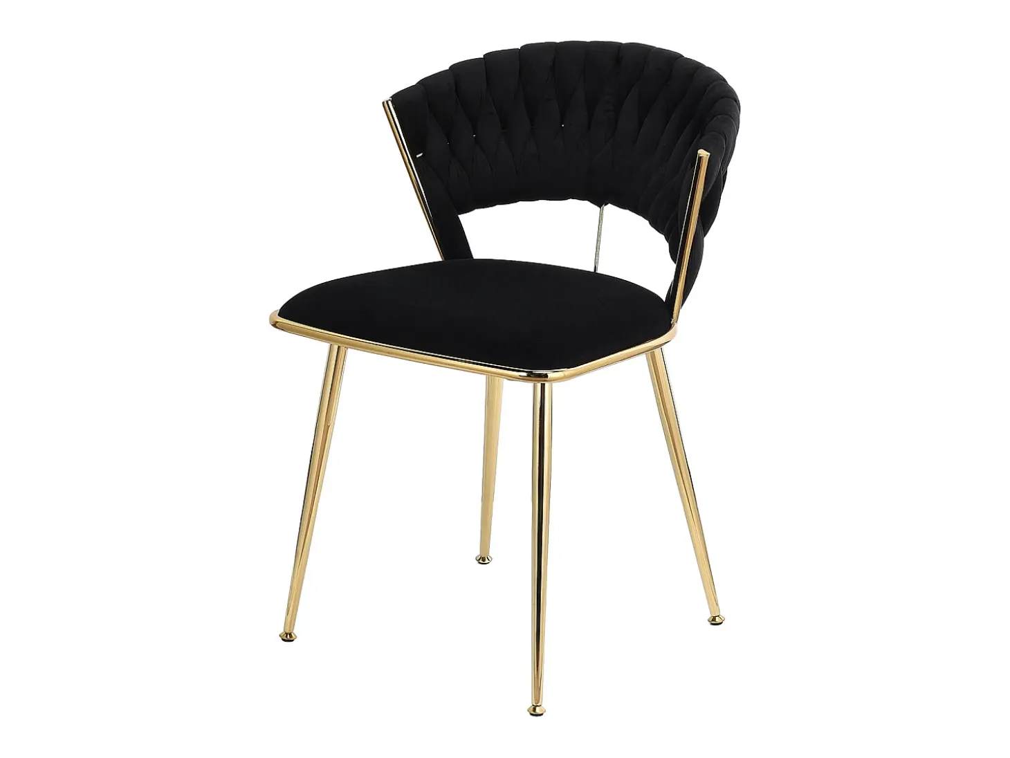 Juego de 2 sillas de comedor de terciopelo negro con respaldo redondo trenzado y patas doradas