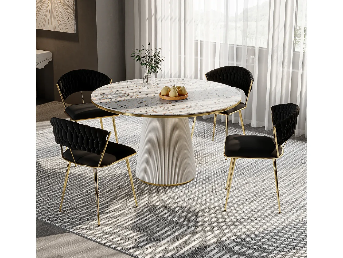 Juego de 2 sillas de comedor de terciopelo negro con respaldo redondo trenzado y patas doradas