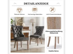 Juego de 4 sillas de comedor, tapizadas con ribete de tachuelas, patas de madera maciza, funda de terciopelo, color gris, con diseño de aldaba.