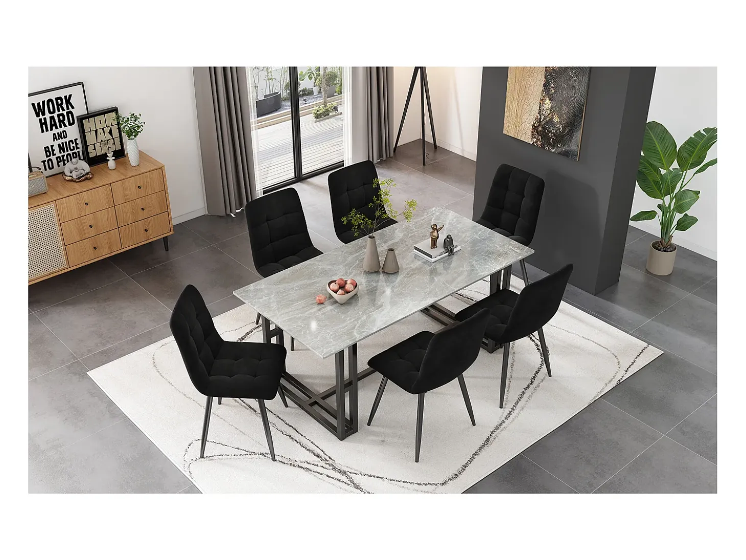 Juego de 4 sillas de comedor de terciopelo - patas de metal - negro