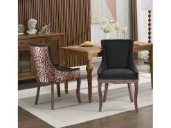 Juego de 2 sillas de comedor - patas de madera maciza con remaches de bronce, estampado de leopardo - chenilla
