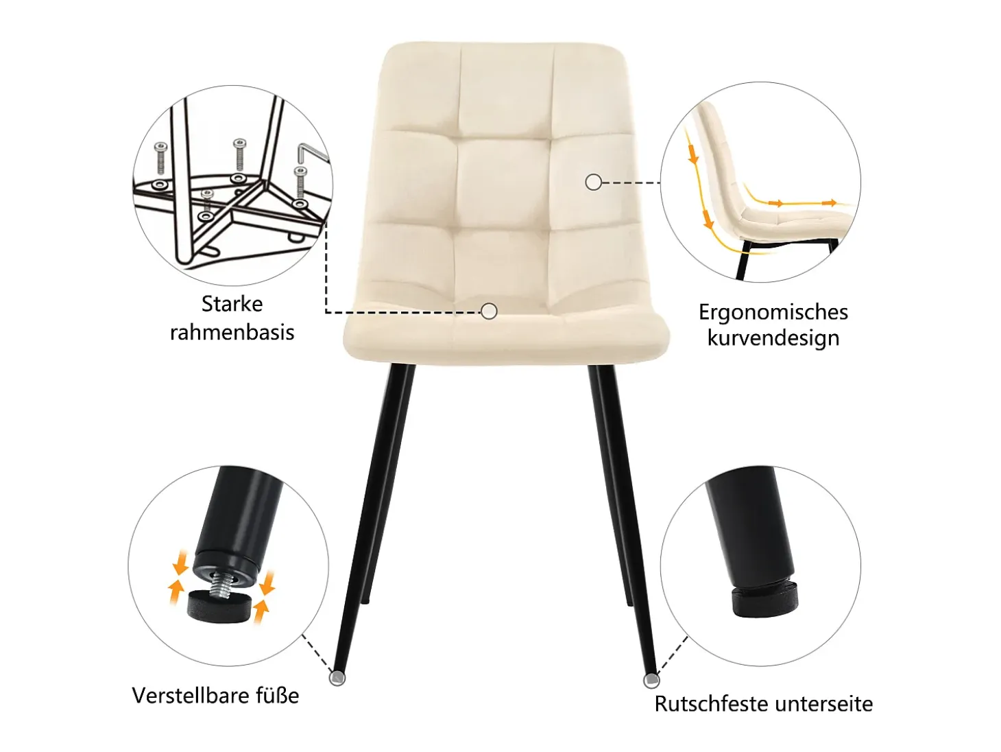 Juego de 4 sillas de comedor, beige, diseño de silla tapizada con respaldo, terciopelo, estructura de metal