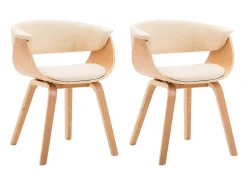 Juego de 2 sillas de comedor de madera curvada color crema y piel sintética.