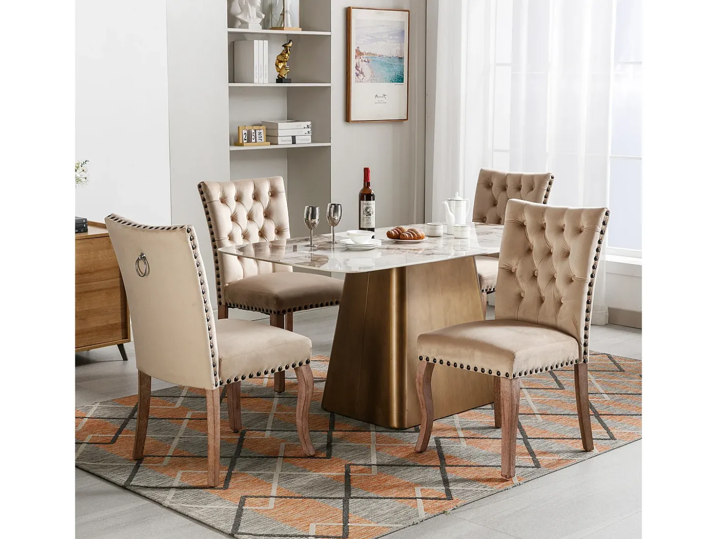 Juego de 4 sillas de comedor - silla de comedor de terciopelo color camel - con respaldo acolchado y patas de madera