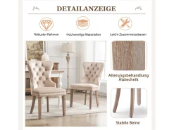 Juego de 2 sillas de comedor - Detalles remachados - Patas de madera maciza - Terciopelo - Beige