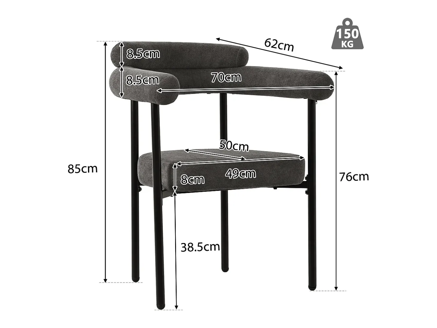Juego de 2 sillas de comedor con respaldo en aro y reposabrazos - tejido de felpa gris oscuro
