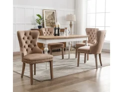 Juego de 4 sillas de comedor, silla decorativa de terciopelo tapizada con borde de tachuelas y patas de madera maciza, color marrón.