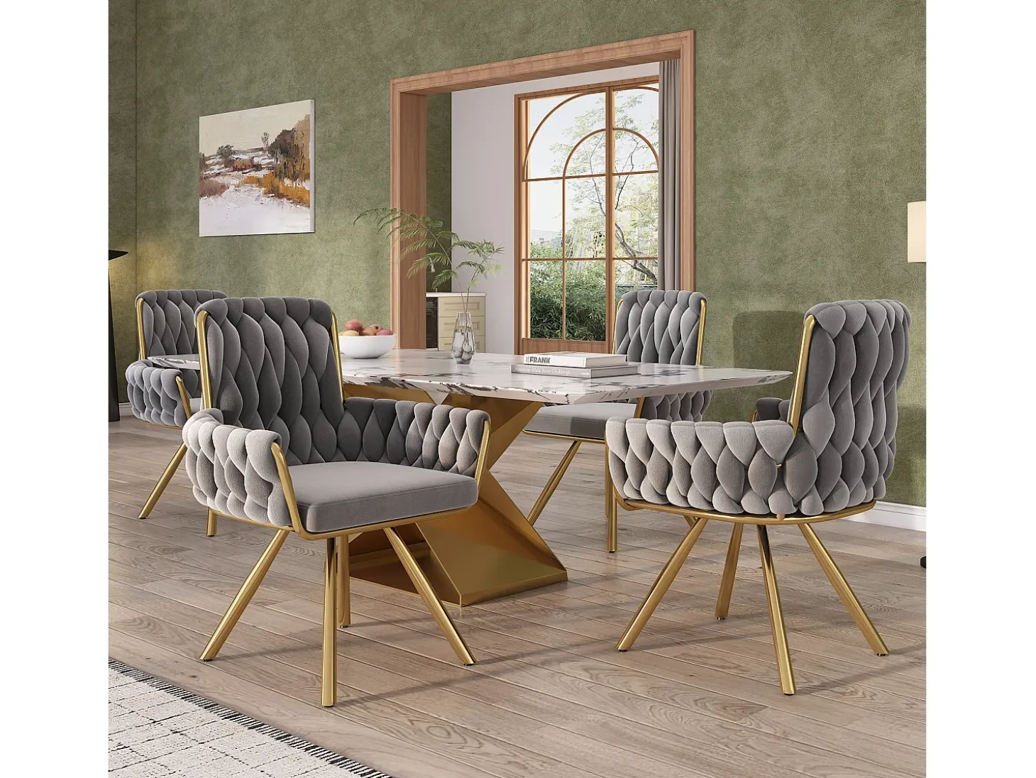 Juego de 4 sillas de comedor de terciopelo, sillón giratorio, diseño moderno, estructura de metal, gris (L 64,77 x An 63,5 x Al 50,8 cm)