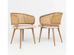 Juego de 2 sillas de comedor con respaldo de ratán - Patas de metal y cojín de piel sintética - Con reposabrazos - Beige
