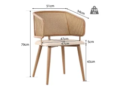 Juego de 2 sillas de comedor con respaldo de ratán - Patas de metal y cojín de piel sintética - Con reposabrazos - Beige
