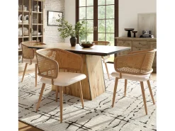 Juego de 2 sillas de comedor con respaldo de ratán - Patas de metal y cojín de piel sintética - Con reposabrazos - Beige