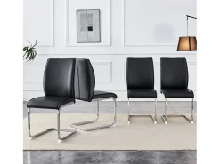 Juego de 4 sillas de comedor con patas de metal plateadas y piel sintética negra.