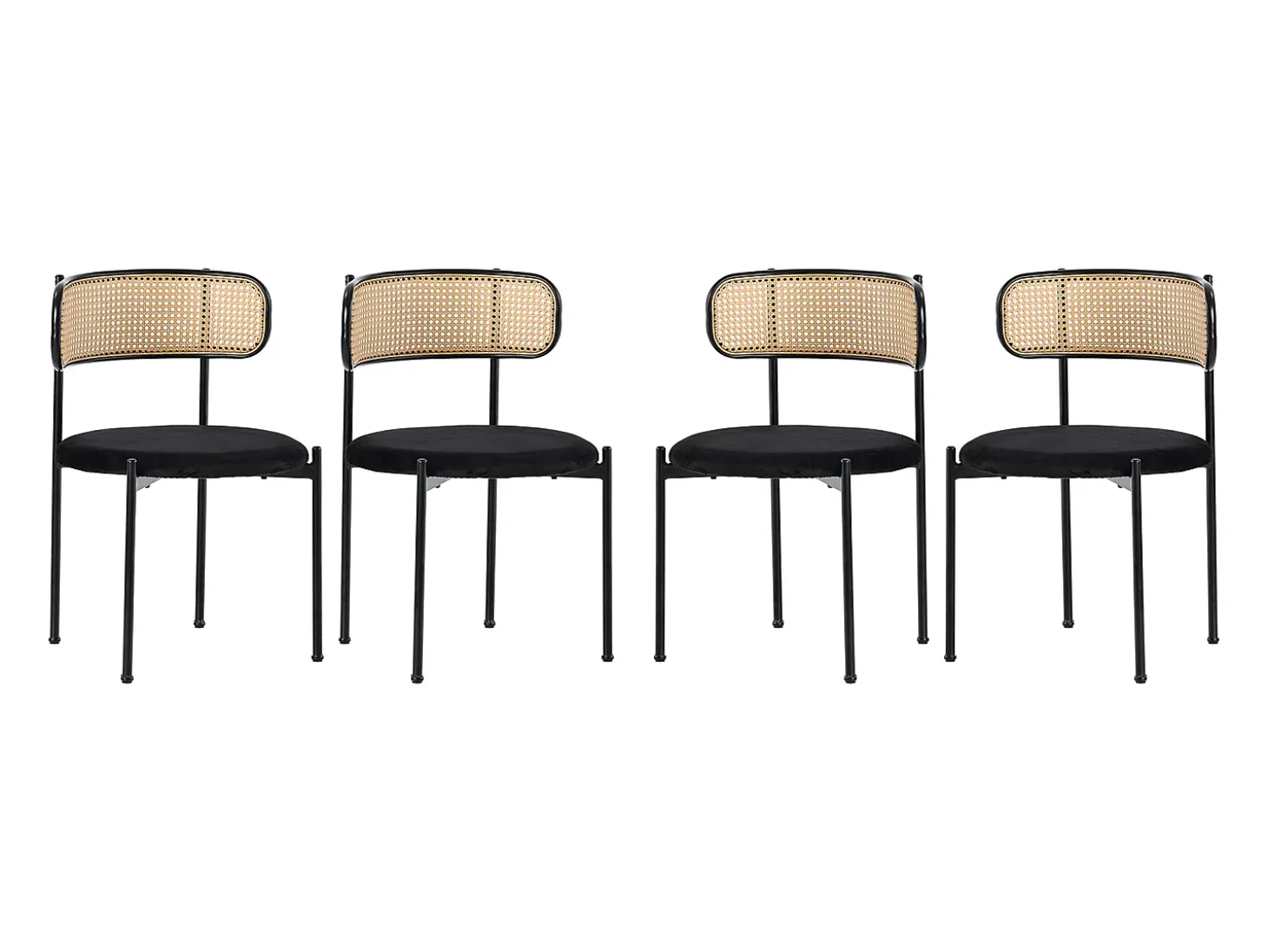 Juego de 4 sillas de comedor de terciopelo y ratán con patas de metal - Negro