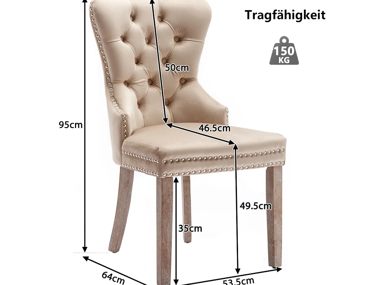 Juego de 2 sillas de comedor tapizadas, patas de madera maciza, terciopelo beige y ribete con tachuelas.