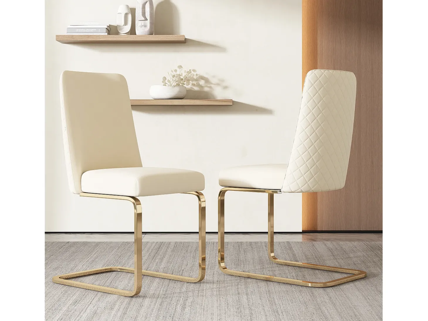 Juego de 4 sillas de comedor - terciopelo beige - con respaldo acolchado y patas de metal dorado