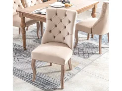Juego de 4 sillas de comedor de terciopelo para cocina y salón, respaldo alto con botones y base de madera maciza, color beige (53 x 61 x 91 cm)