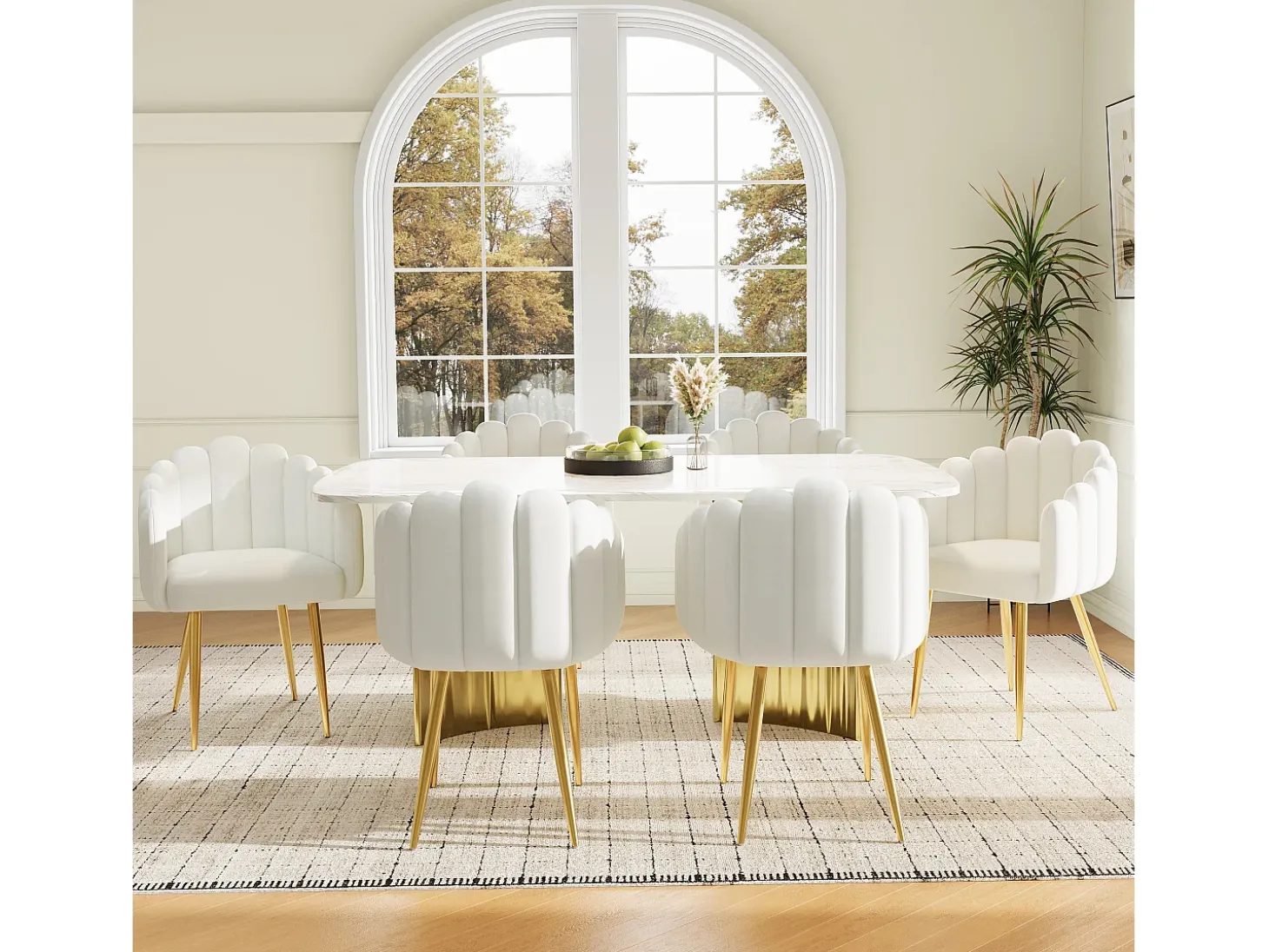 Juego de 6 sillas de comedor - 61 x 51,5 x 82 cm - Patas de hierro galvanizado dorado y terciopelo - Beige