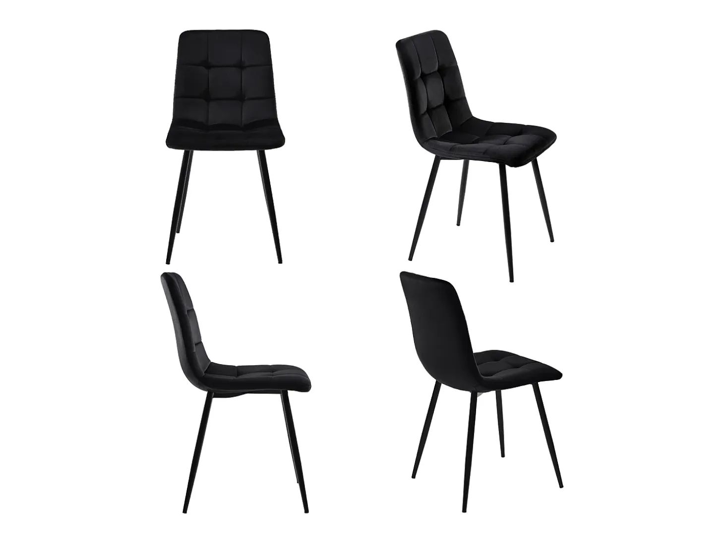 Juego de 4 sillas de comedor de terciopelo negro, tapizadas, estructura de metal, diseño contemporáneo.