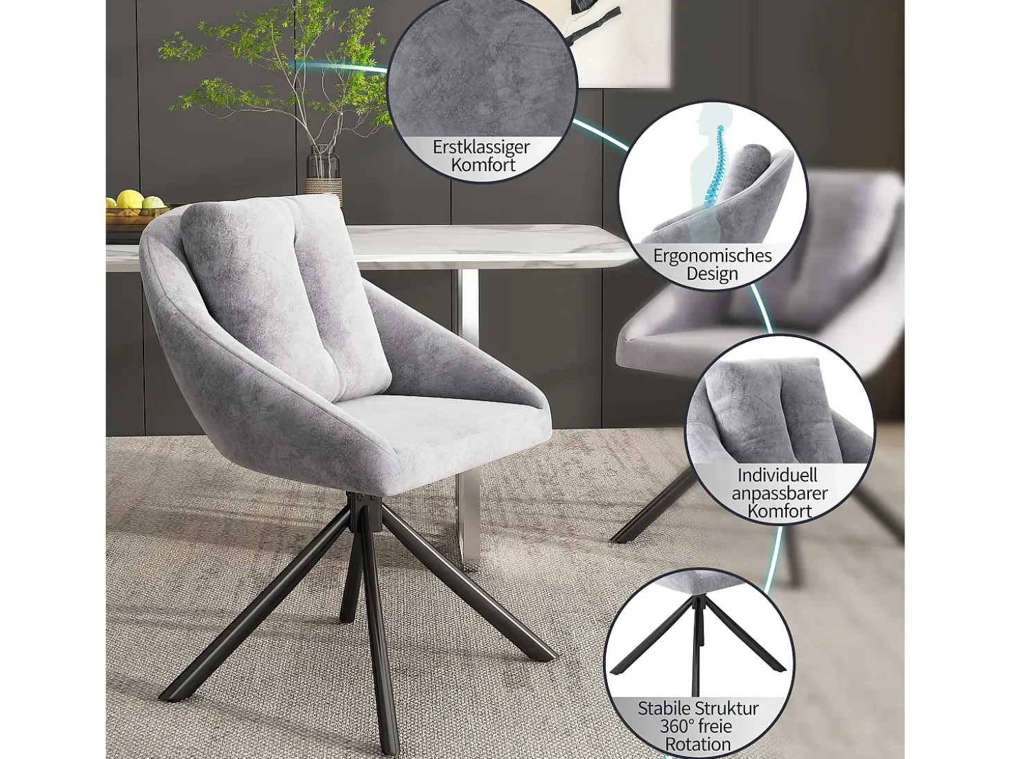 Juego de 2 sillas de comedor de terciopelo - 79 x 51,5 x 51,5 cm - Elegantes y cómodas sillas giratorias - con cojines - Gris