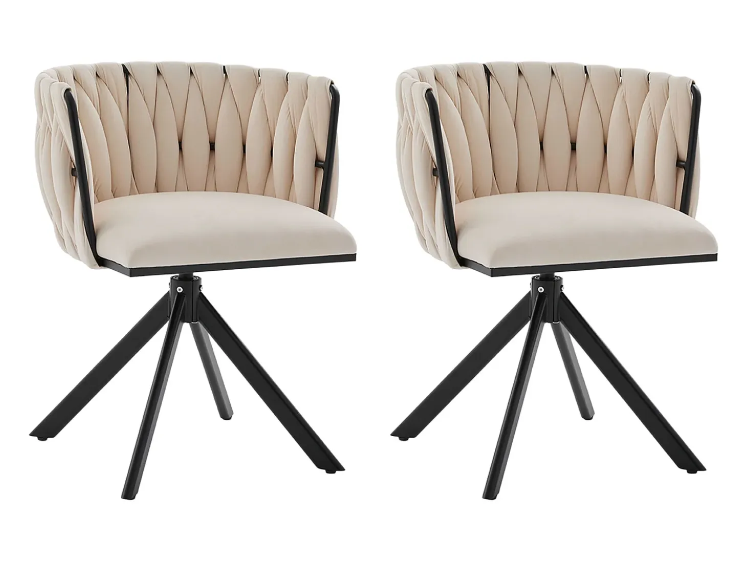 Juego de 2 sillas de comedor de terciopelo marfil con función giratoria y patas de metal negro