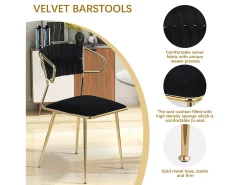 Juego de 2 sillas de comedor - Sillones con respaldo y estructura de metal - Terciopelo - Negro