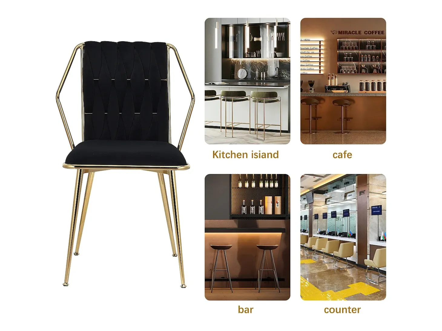 Juego de 2 sillas de comedor de terciopelo, con cómodos cojines y respaldo tejido a mano, patas resistentes de metal dorado, color negro