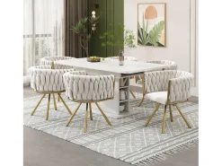 Juego de 4 sillas de comedor giratorias con reposabrazos - 59 x 54 x 72 cm - Terciopelo - Beige + Oro