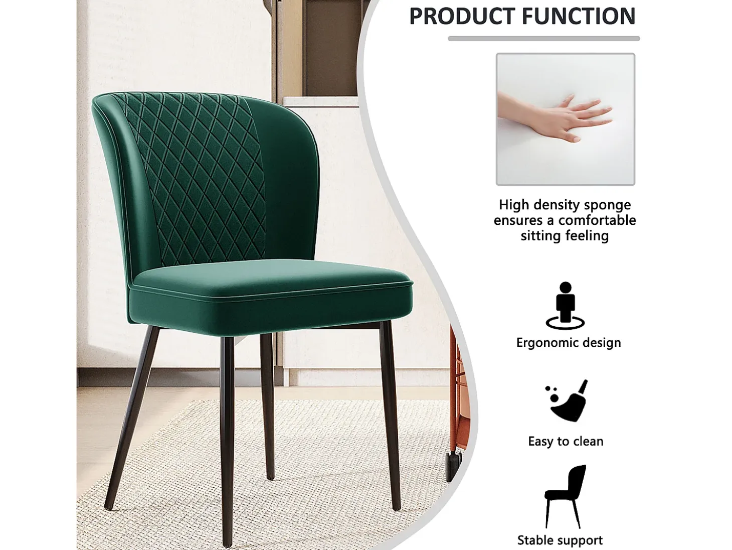 Juego de 4 sillas de comedor de terciopelo - patas de metal - verde