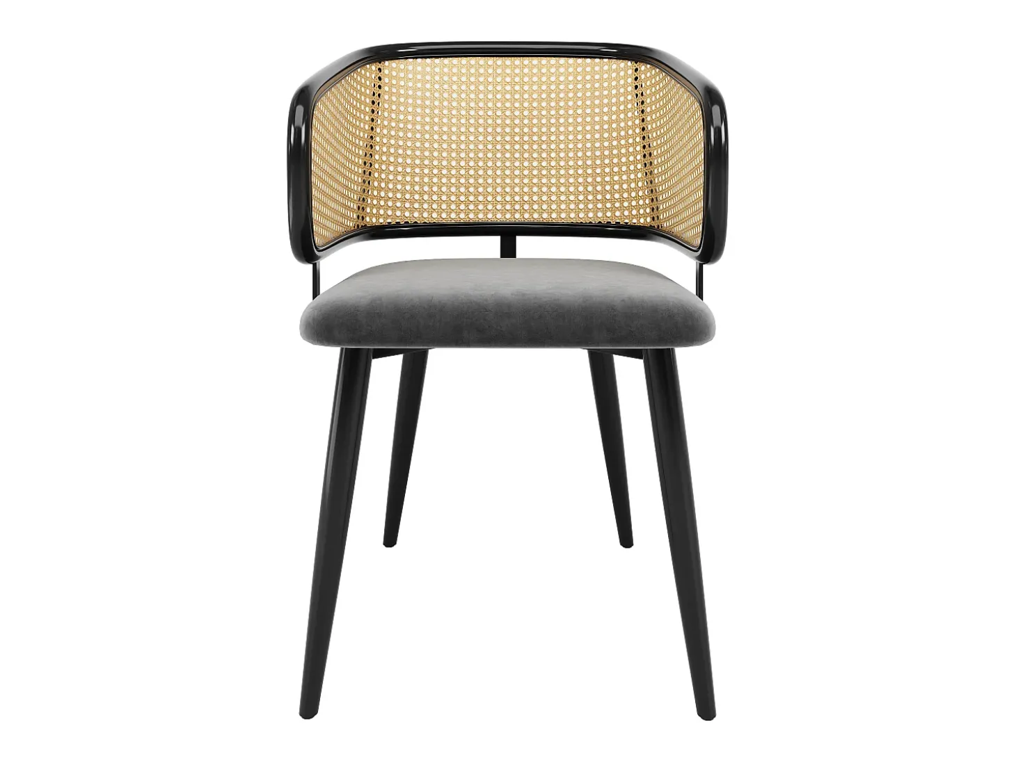 Juego de 4 sillas de comedor de terciopelo y metal con respaldo de ratán – gris