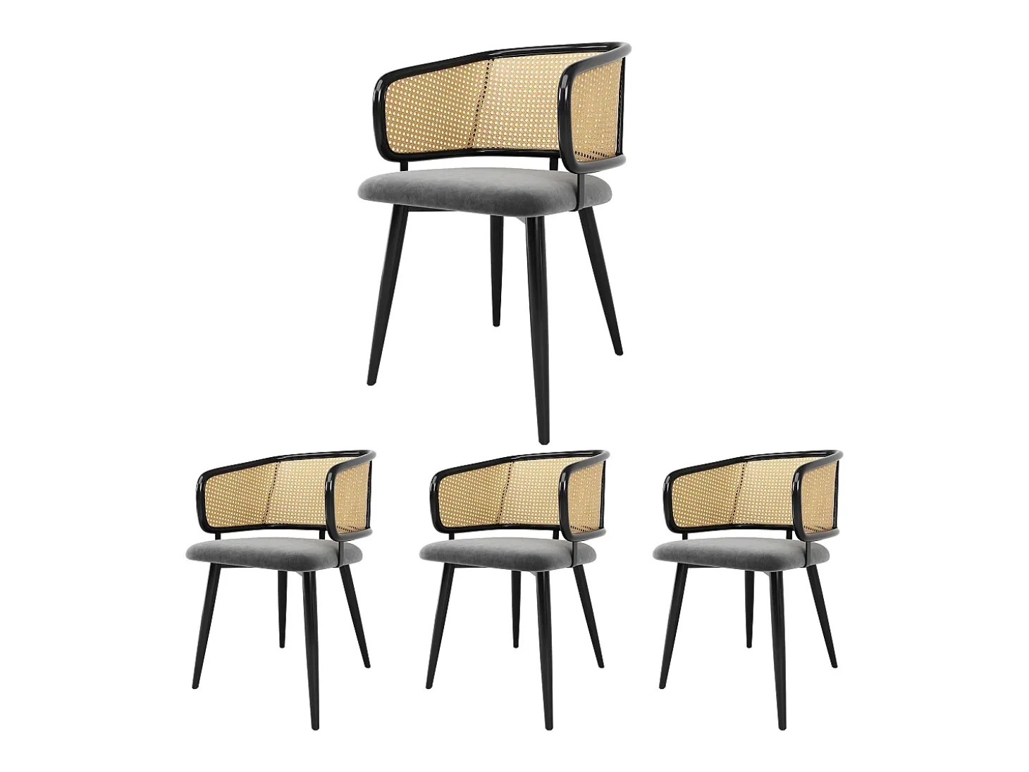 Juego de 4 sillas de comedor de terciopelo y metal con respaldo de ratán – gris