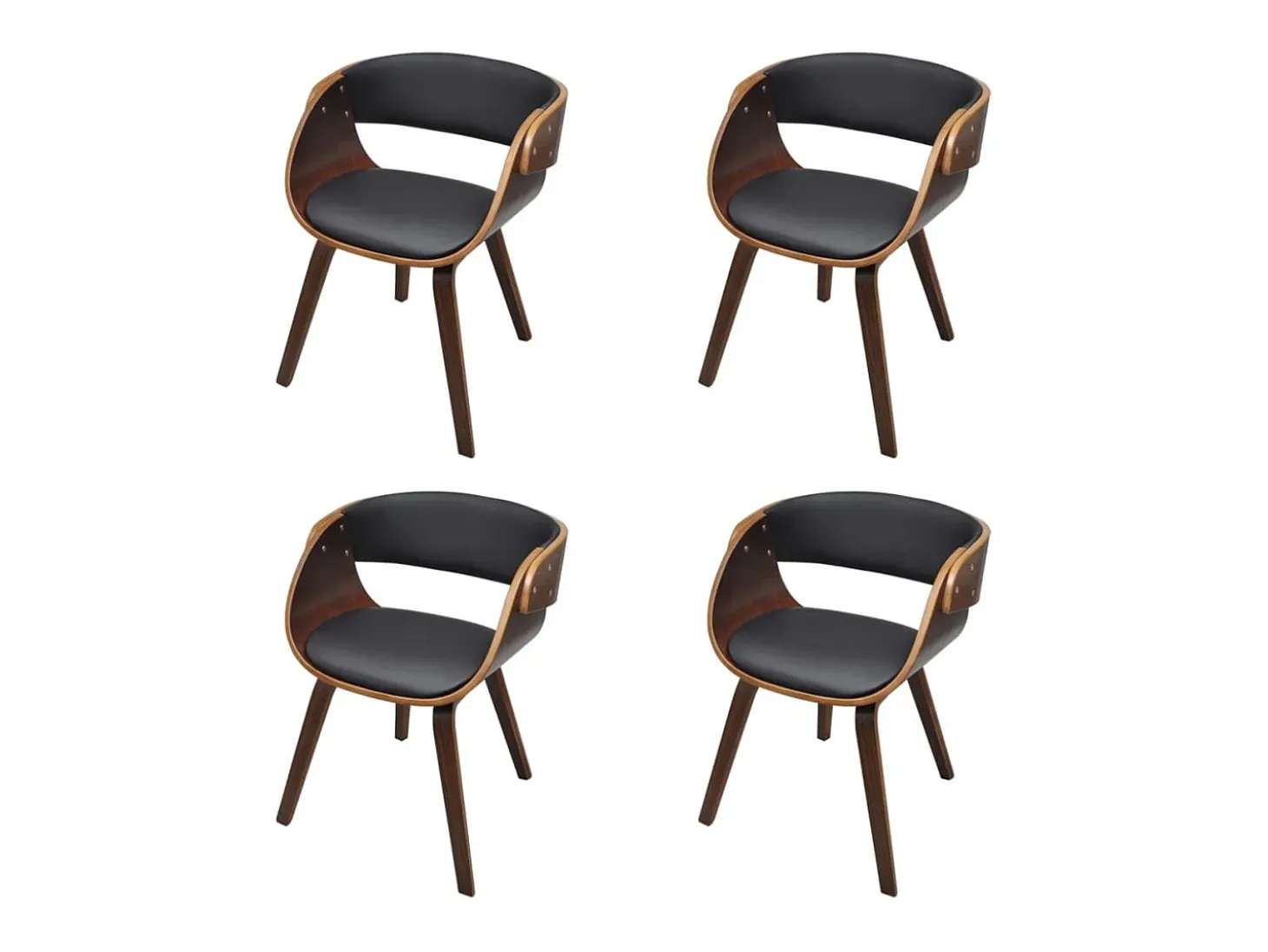 Juego de 4 sillas de comedor de madera curvada marrón y piel sintética.