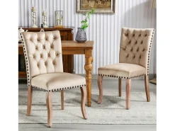 Juego de 2 Sillas de comedor tapizadas en terciopelo - Patas de nogal macizo - Decoración botones - Beige