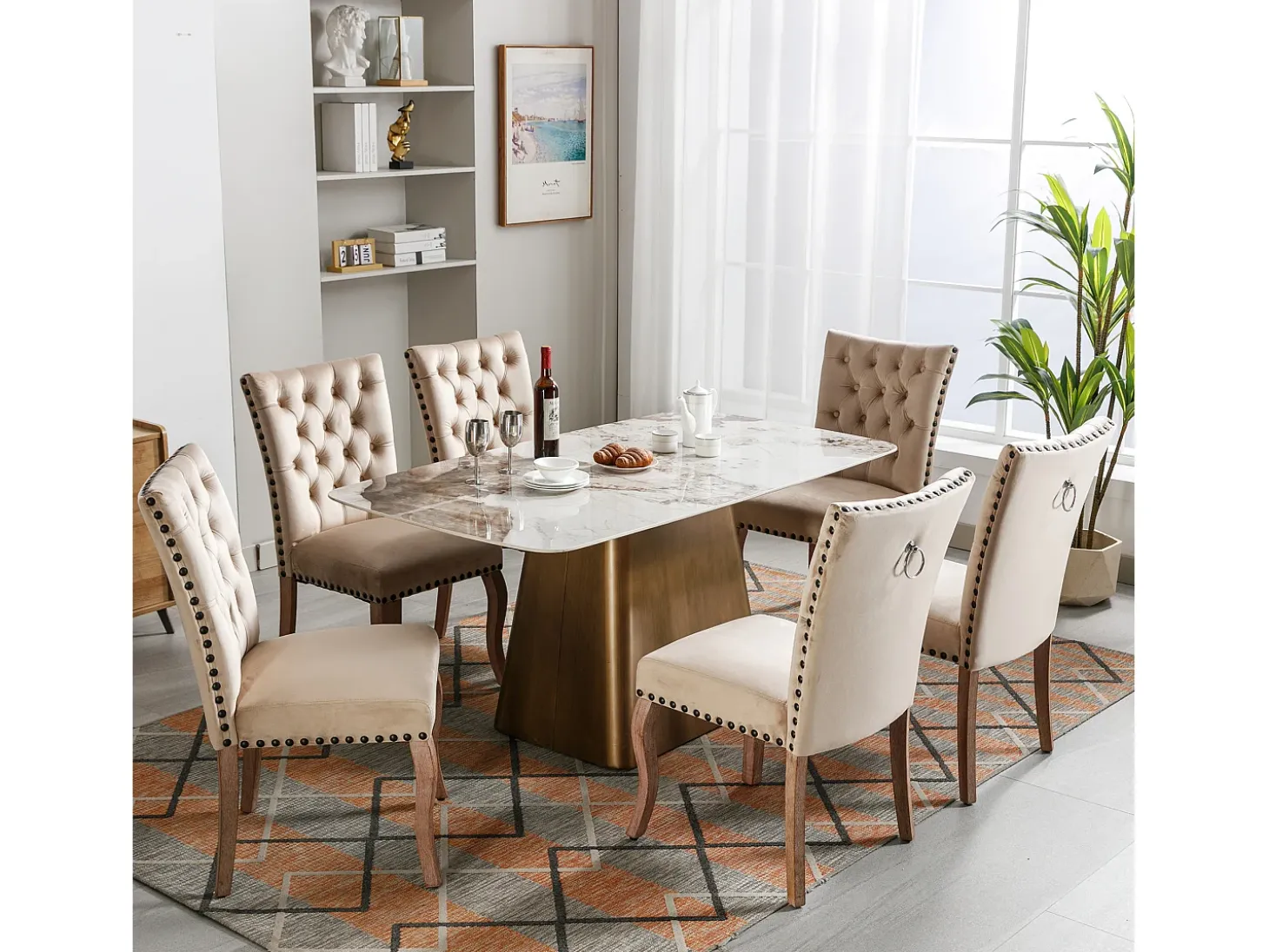 Juego de 6 sillas de comedor acolchadas de terciopelo - Patas de nogal macizo - Decoración con botones - Beige