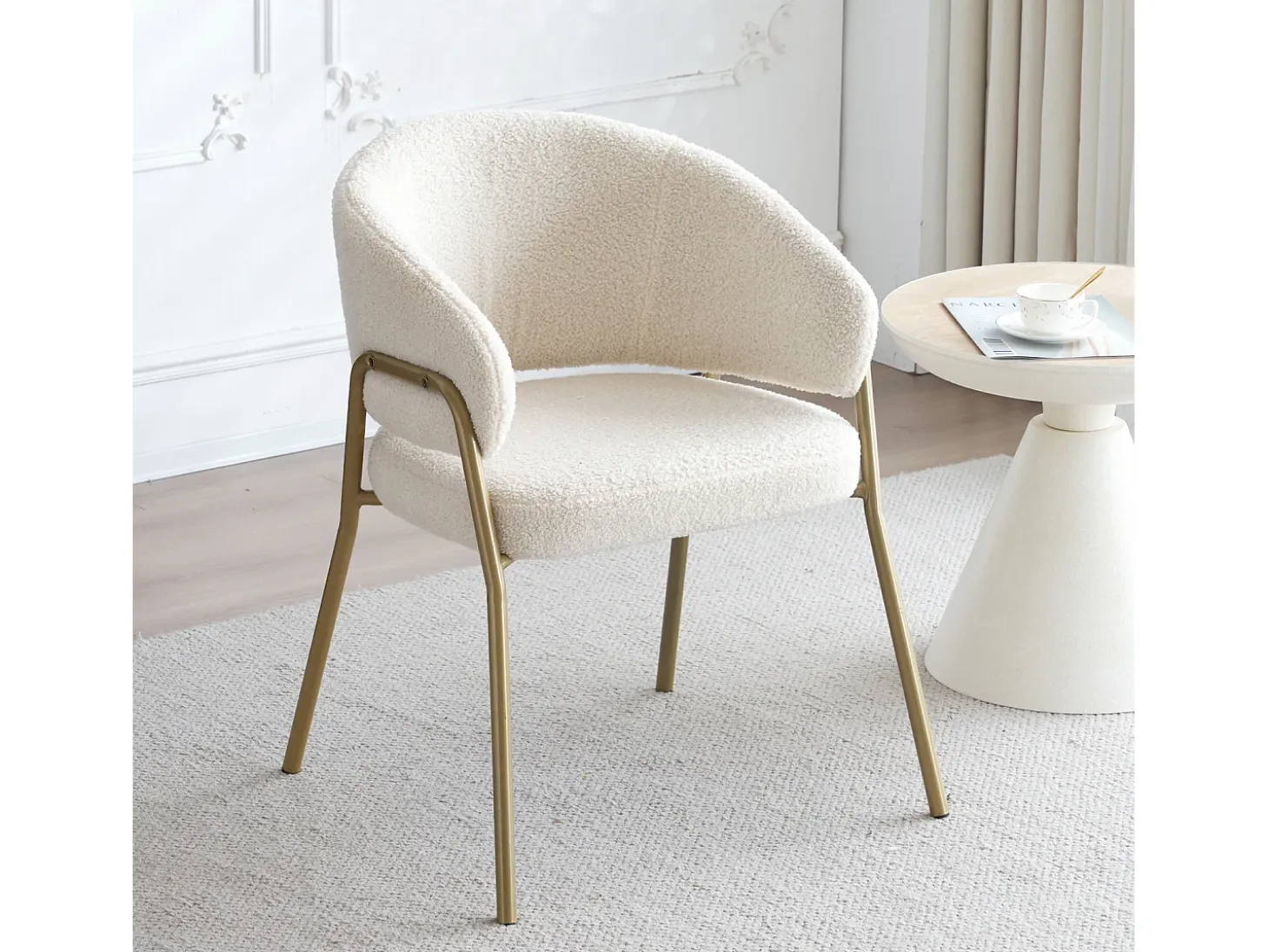 Juego de 4 sillas de comedor blancas, modernas, de terciopelo de cordero, patas doradas