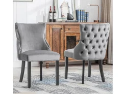 Juego de 6 sillas de comedor, terciopelo gris, con costuras de botones, estructura de madera maciza