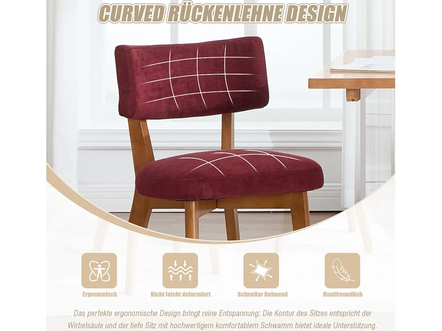 Juego de 2 sillas de madera - cojín burdeos - elegantes y cómodas - perfectas para comedor o cocina