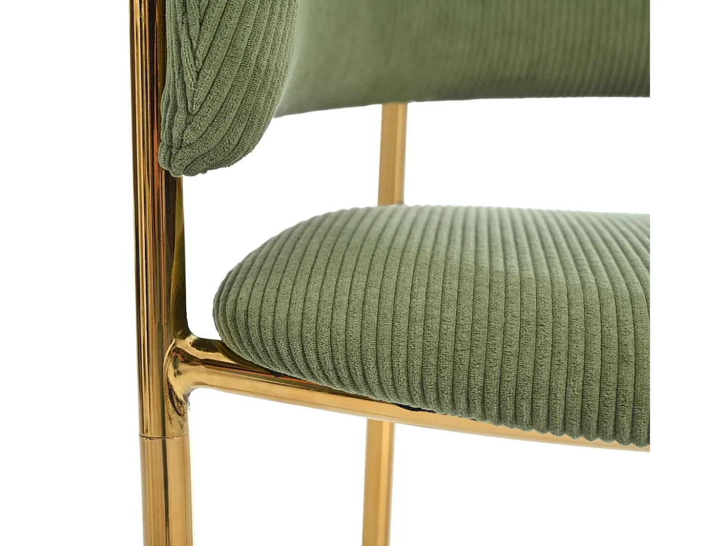 Juego de 4 sillas de pana verde con respaldo acolchado y patas doradas para sala y comedor