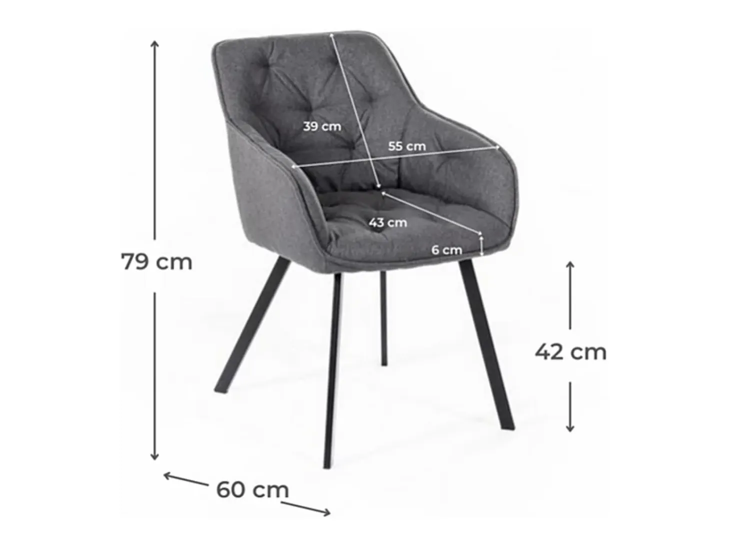 Juego de 4 sillas de salón "Dalia" tapizadas en tela gris oscuro con patas de metal pintado, 55x60 cm, 79h