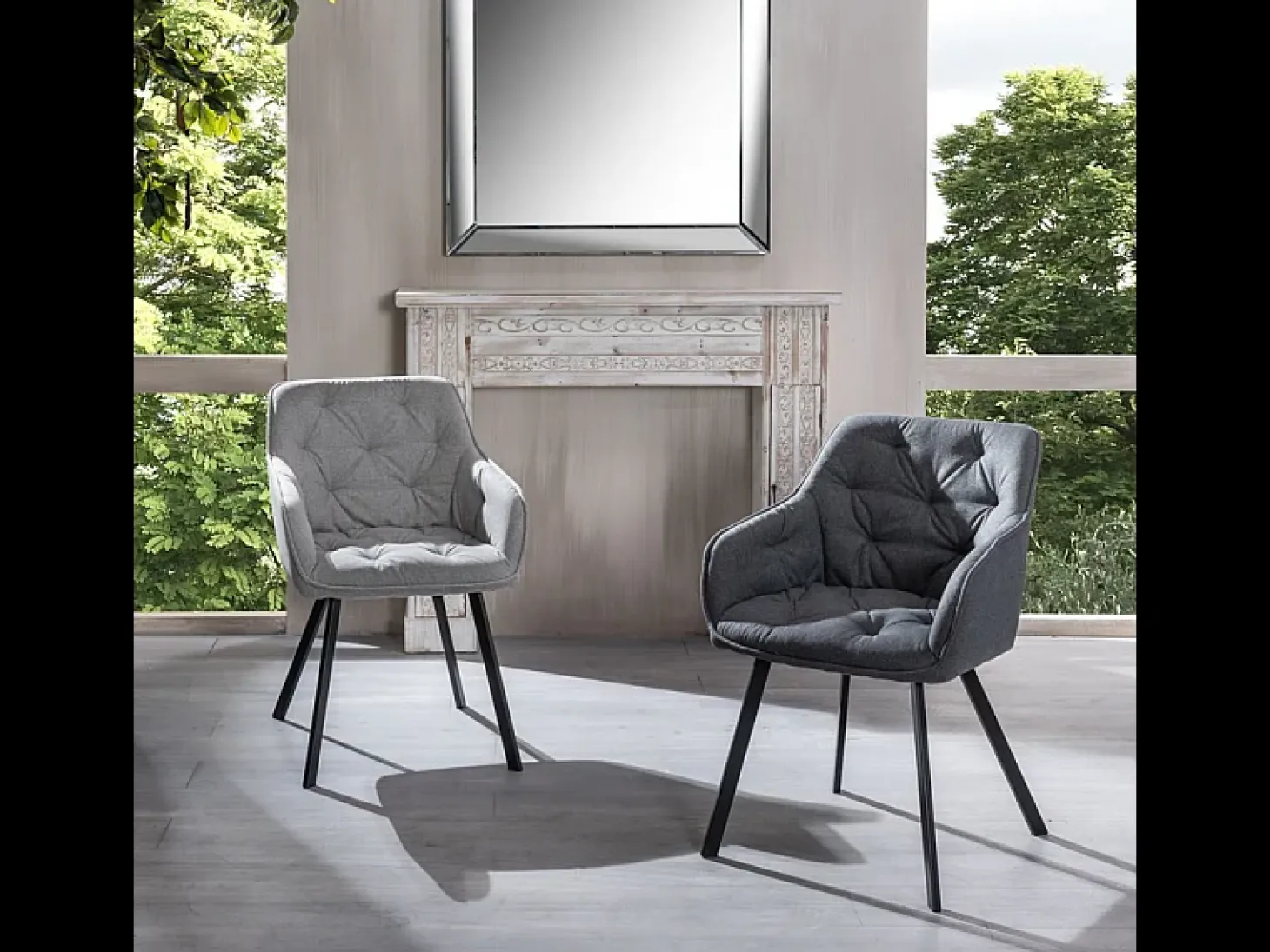 Juego de 4 sillas de salón "Dalia" tapizadas en tela gris oscuro con patas de metal pintado, 55x60 cm, 79h