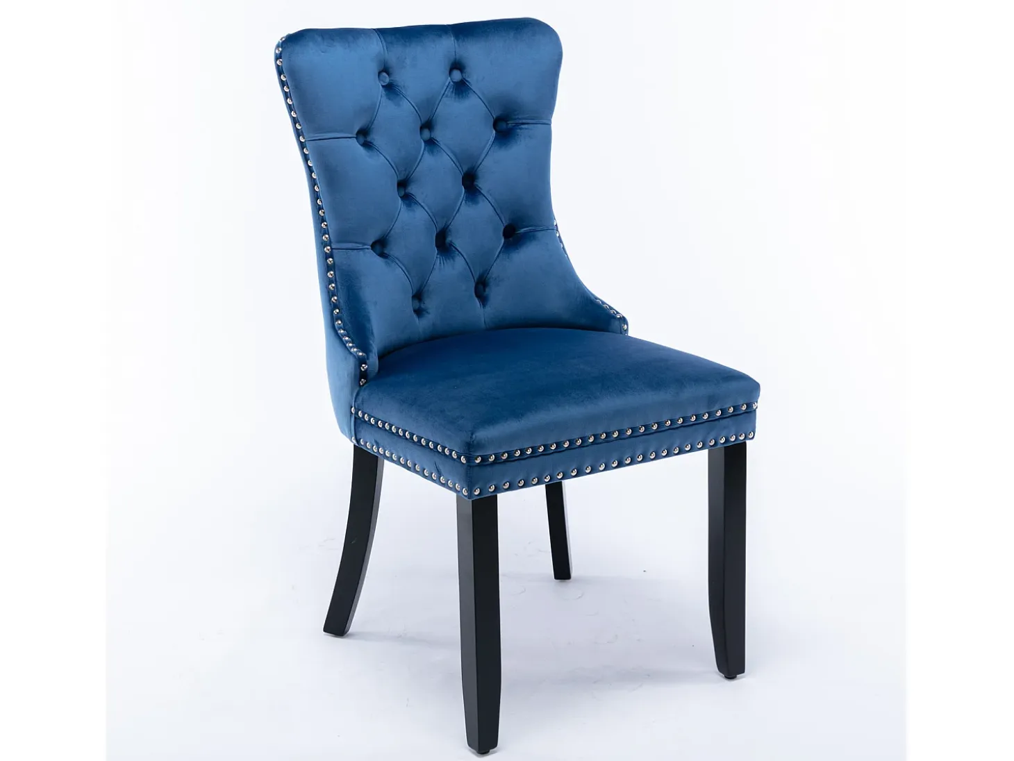 Juego de 2 sillas de terciopelo - Patas de madera y clavos decorativos - Azul