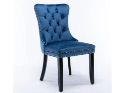 Juego de 2 sillas de terciopelo - Patas de madera y clavos decorativos - Azul