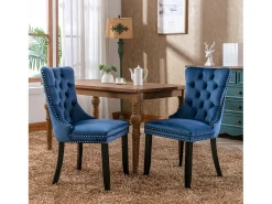 Juego de 2 sillas de terciopelo - Patas de madera y clavos decorativos - Azul